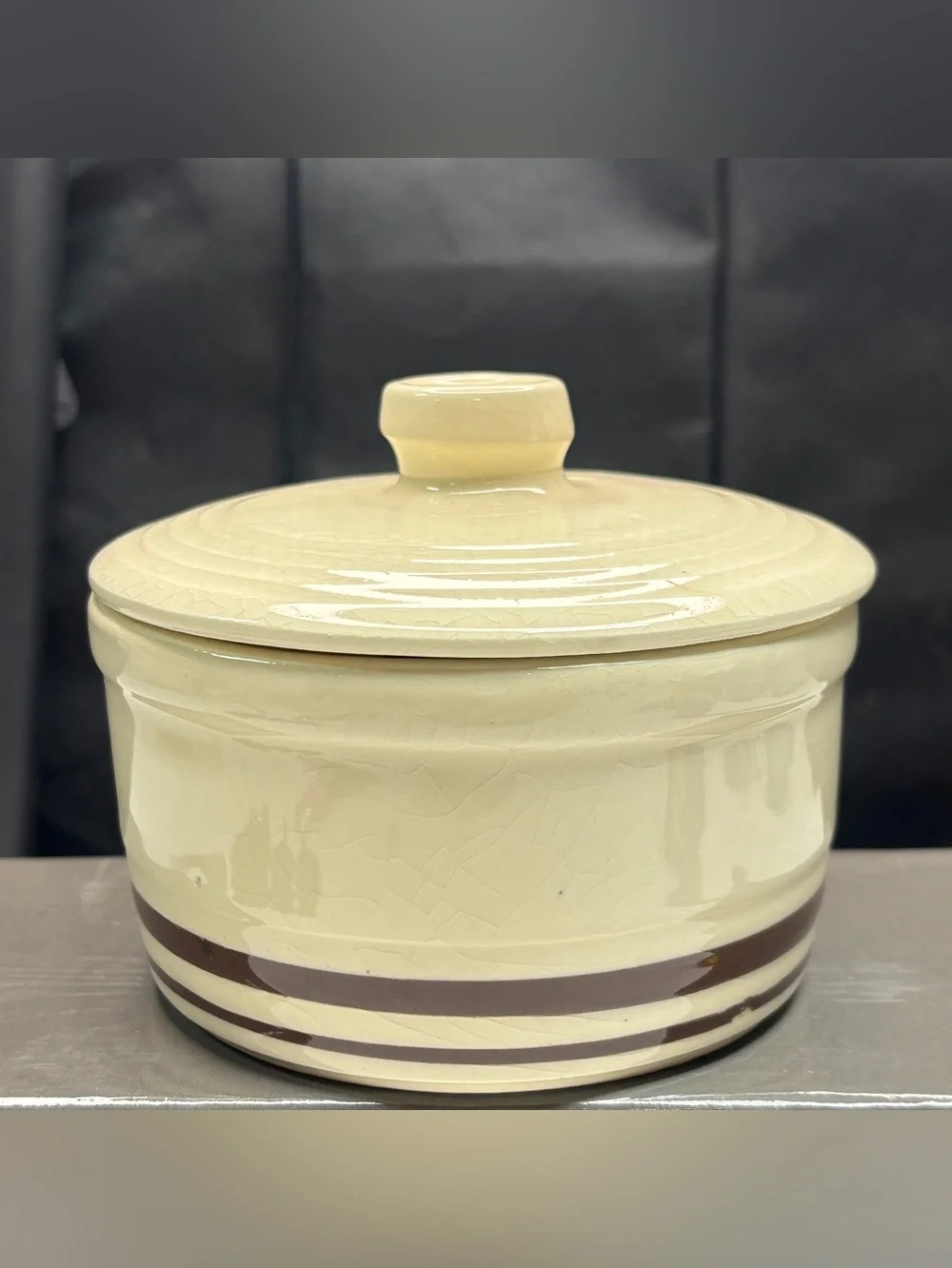 McCoy Brown Stiped Covered Dish  Ceramic USA Pottery Margarine Butter Vtg Granny